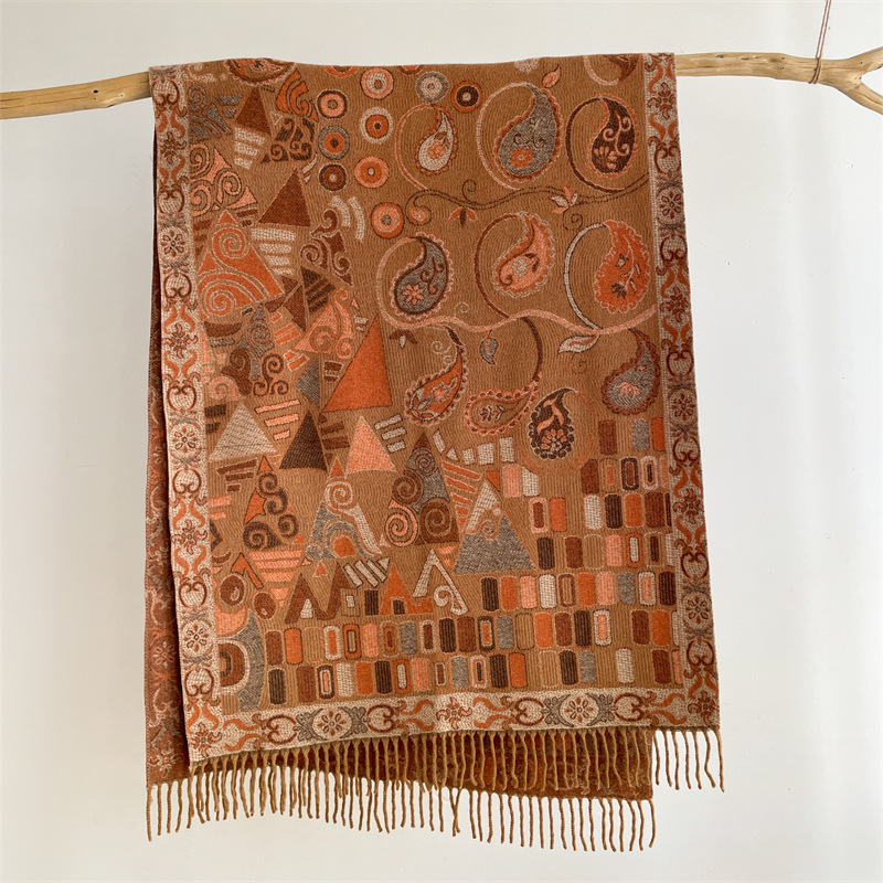 Khaki Bohemian Paisley Print Scarf - Large Lightweight Shawl Wrap - 200cm x 65cm