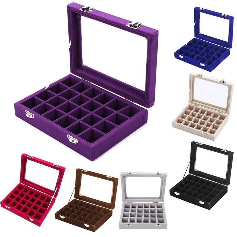 Velvet Jewelry Box Earring Organizer Display Case Storage Holder with 24 Grid - Grey โ image 3