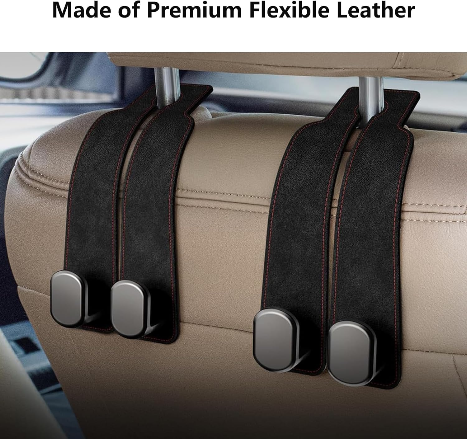 2 Pack Car Hooks for Headrest, Headrest Hooks Car Purse Hook Car Seat Back Storage Hook Premium Leather Car Seat Holder for Headrest Purses and Bags (Black) — image 6