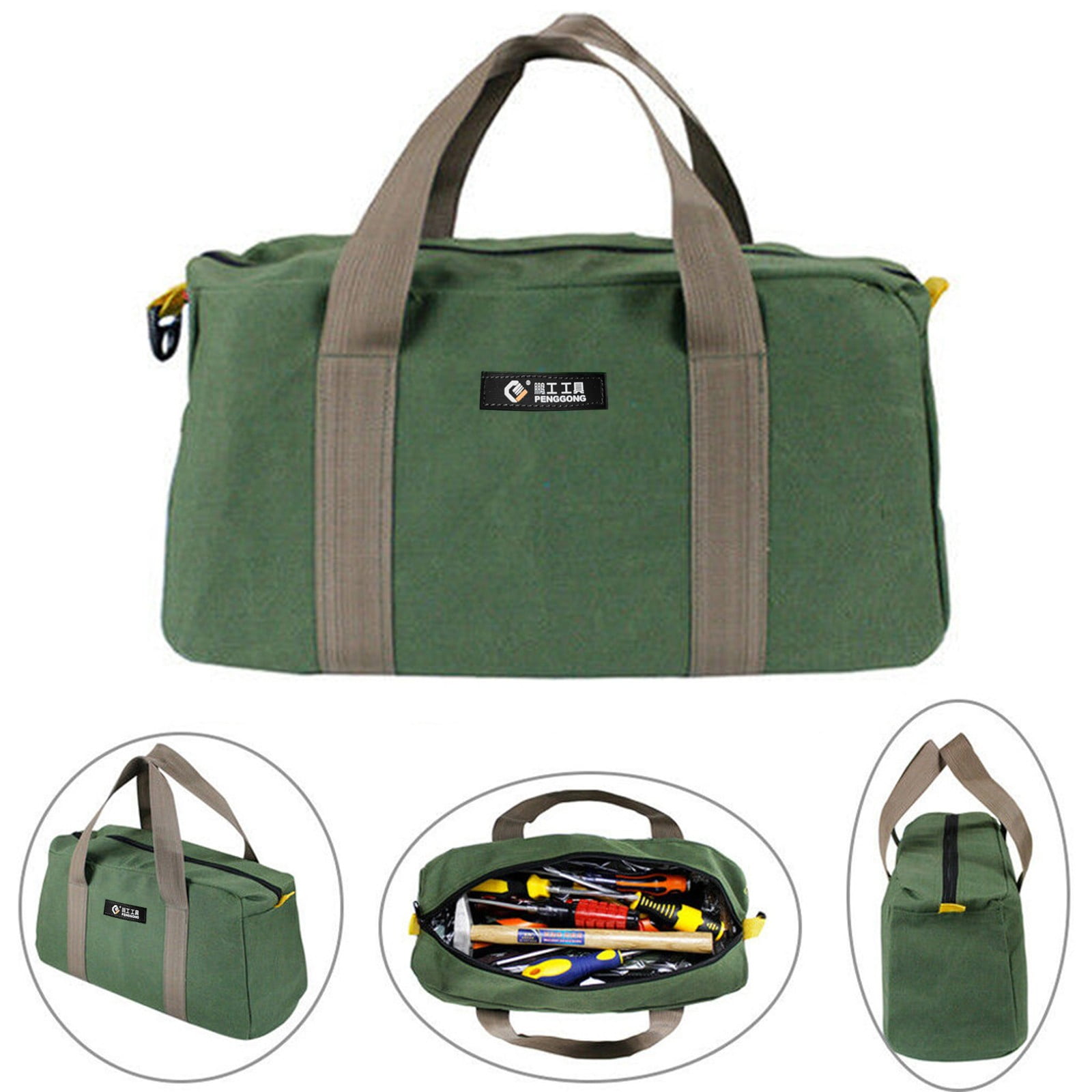 2 Pieces Heavy Duty Canvas Tool Bags with Hard Waterproof Bases, Wide Mouth Carry Totes for Tools, 40 x 22 x 15 cm, Green โ image 3