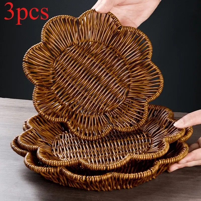 Floral Rattan-Look Woven Storage Basket 3-Piece Set | Eco-Friendly PP Material, Hand-Woven, One Basket for Fruits & Snacks, Stackable for Space-Saving Storage