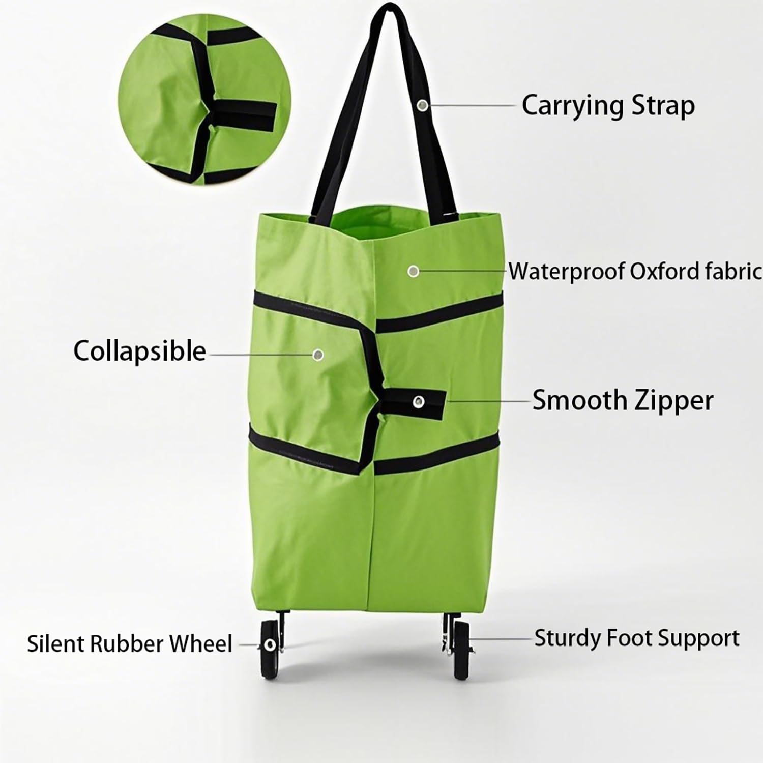 2-in-1 Collapsible Shopping Trolley with Wheels – Foldable Grocery Cart, Reusable Waterproof Oxford Bag for Supermarket, Picnic & Travel (Green) — image 3