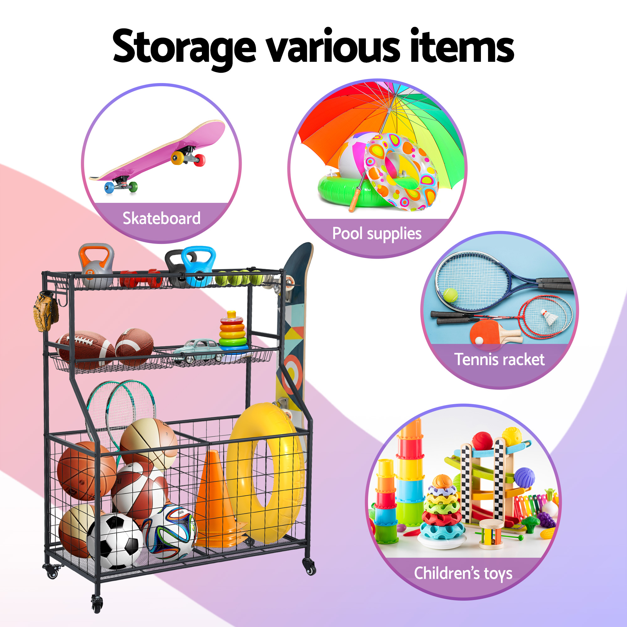 Everfit Sports Equipment Organizer Storage with Wheels Multi-Sport Garage Gym Black โ image 4