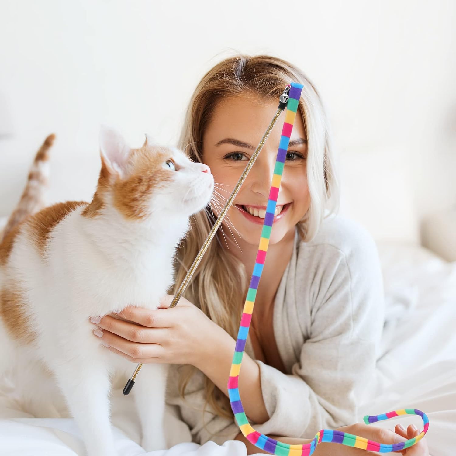 3 Pack Cat Wand Toy, Interactive Cat Rainbow Wand Toys, Interactive Cat Teaser Wand String, Rainbow Cat Teaser Wand String Plush Toy with Bell for Kitten Cat โ image 6