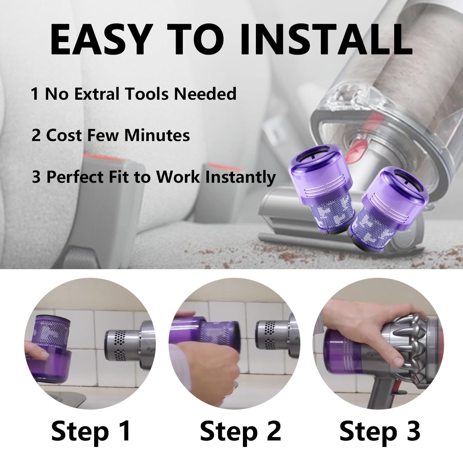 Improvedhand Filter Replacement for V11 Animal, V11 Torque Drive Detect Cordless Vacuum, Replace Part # 970013-02 (2 Pack) — image 3
