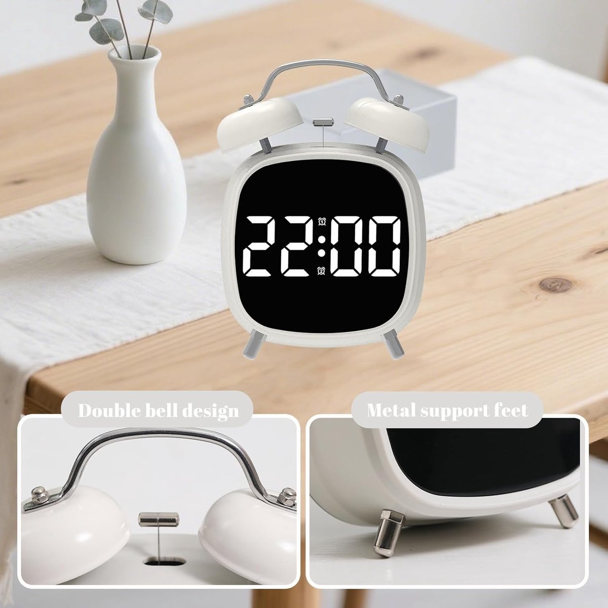 Alarm clock with double bell - Loud and creative alarm clock - Adjustable brightness in three levels - Small battery-operated digital alarm clock - Suitable — image 3