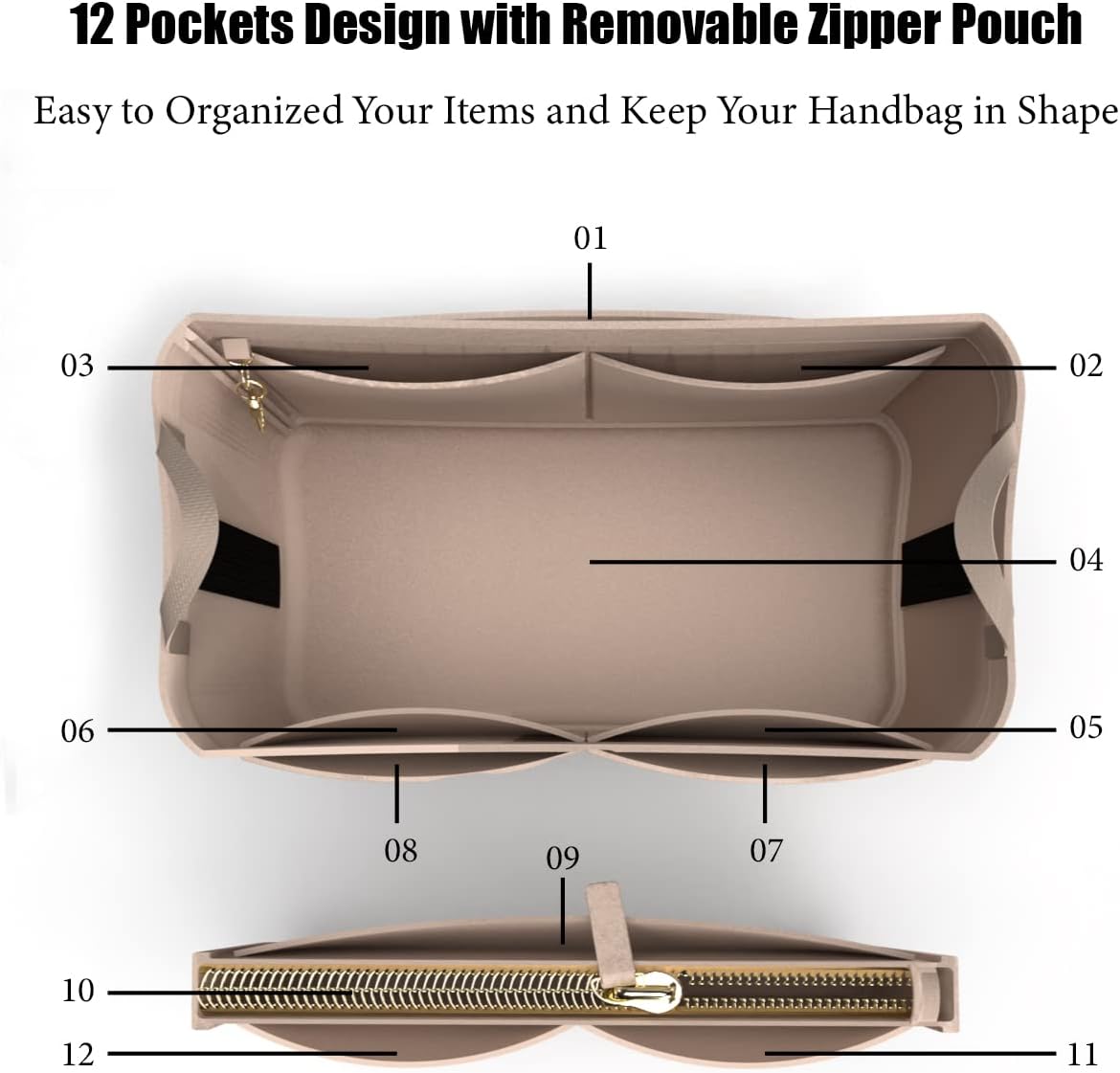 Purse Organizer Insert Handbag Tote Felt Organizer Bag in Bag Shaper Fit Neverfull Speedy Graceful MM GM Medium, BROWN — image 4