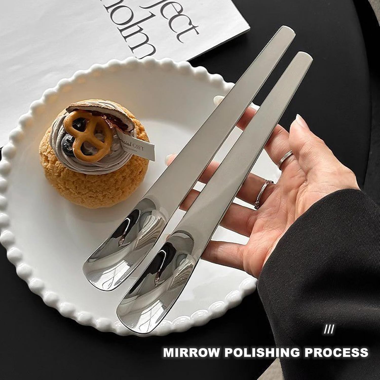 2 Piece Square Dessert Spoons Stainless Steel Cake Ice Cream Coffee Spoons Silver