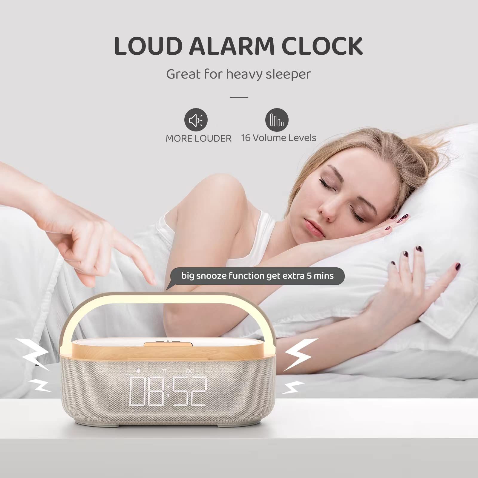 Bluetooth Speaker Alarm Clock with Wireless Charger, LED Night Light, 1800mAh Battery - For Bedroom, Home — image 2