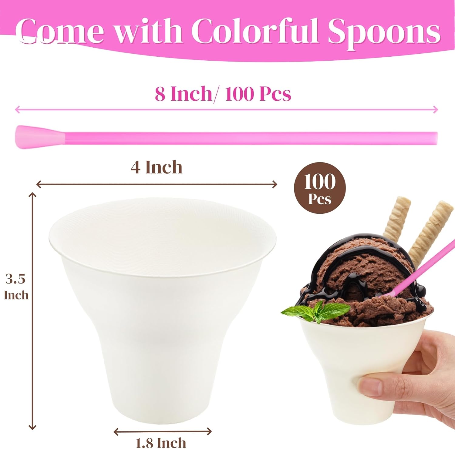 100 Pack Snow Cone Cups and Straws, 12 OZ Paper Cup with Colorful Spoon Straw, Leak-proof Shaved Ice Holder, Disposable Cream Bowls for Party Event Water — image 2