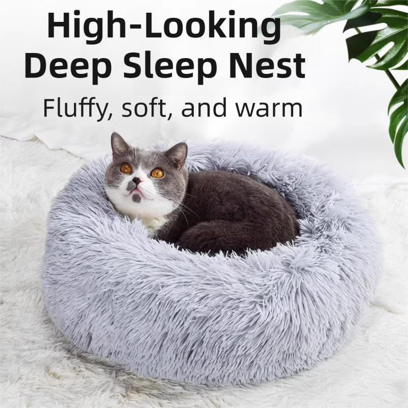 Green Cozy Donut Long Plush Cat & Dog Calming Bed(Diameter 50cm) - Double-Layer PP Cotton Filling Warming Pet Bed with Anti-Slip Base & Free Blanket โ image 2