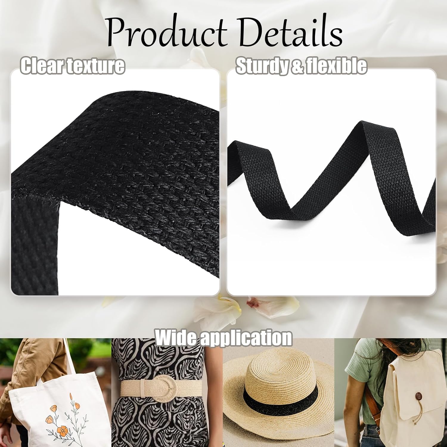 Biaungdo 1 Inch 12 Yards Cotton Webbing Straps, Black Polyester Weave Webbing for Bags Handles, Tote Bag, Purse Straps, Cloth Belt, Sewing DIY Crafts Bags — image 3