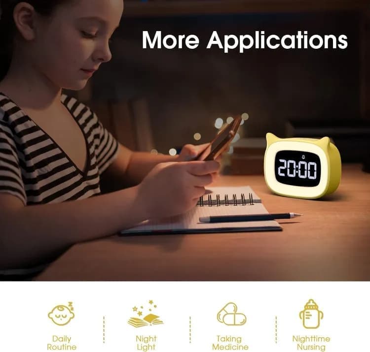 Yellow Digital LED Alarm Clock with Silent Operation, 5 Volume Levels, 5-Color Night Light, 18 Natural Sounds, Adjustable Brightness and Snooze Function — image 3