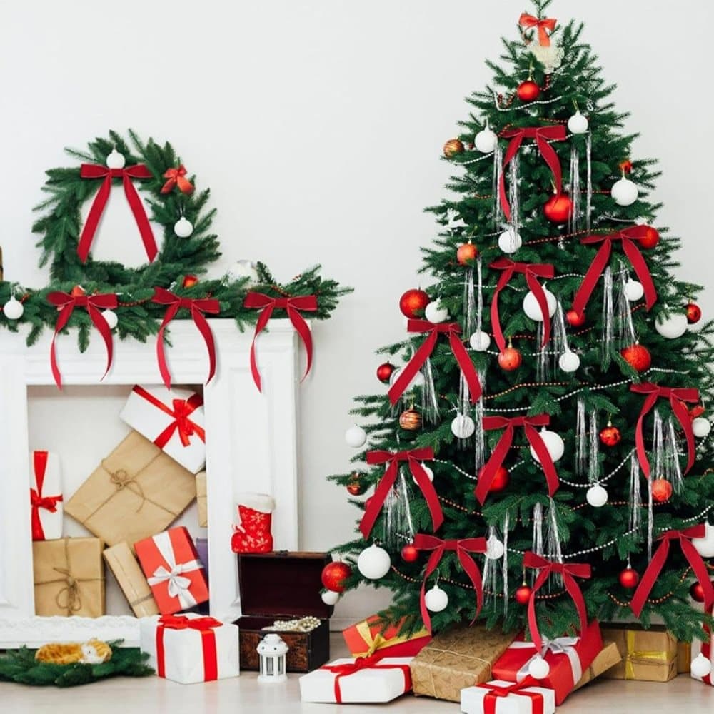 12 Christmas Bows Velvet Tree Decorations, Red — image 5