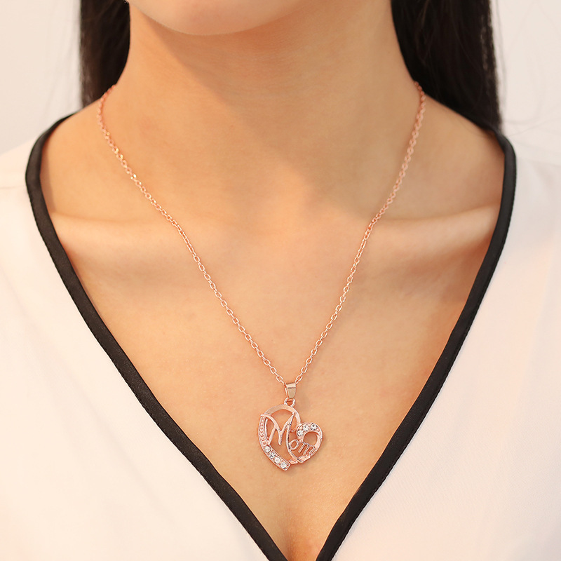 Rose gold MOM Heart Pendant Necklace with Rhinestones - Adjustable 47+5cm Chain, Lightweight Alloy Jewelry for Mother's Day Gift, Everyday Wear & Special — image 4