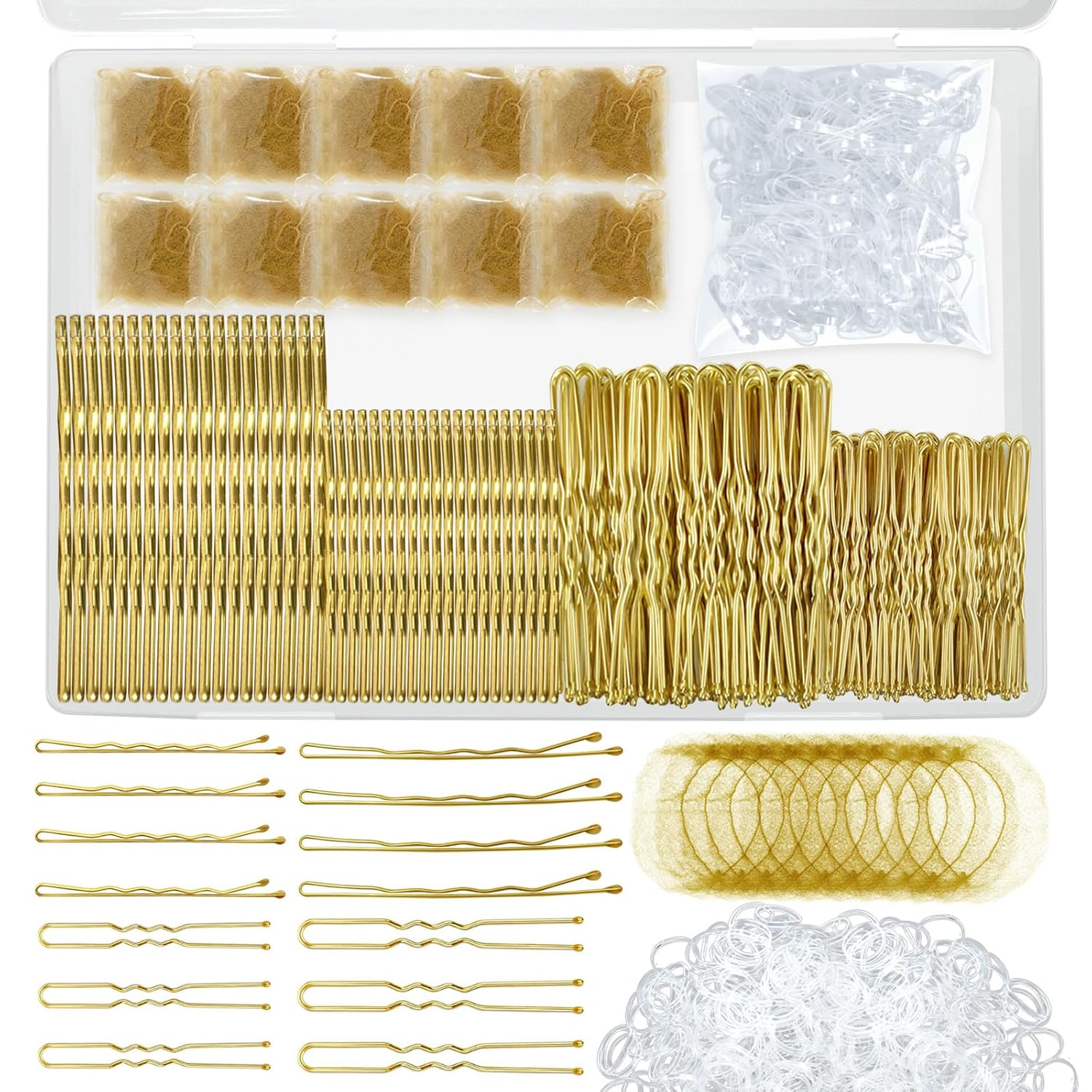 510PCS Blonde Bobby Pins Hair Pins Kit with Hair Net, Includes 100 Bobby Pins for Women, 100 U Shaped Buns Hair Clips, 300 Hair Bands and 10 Blonde Hair Nets