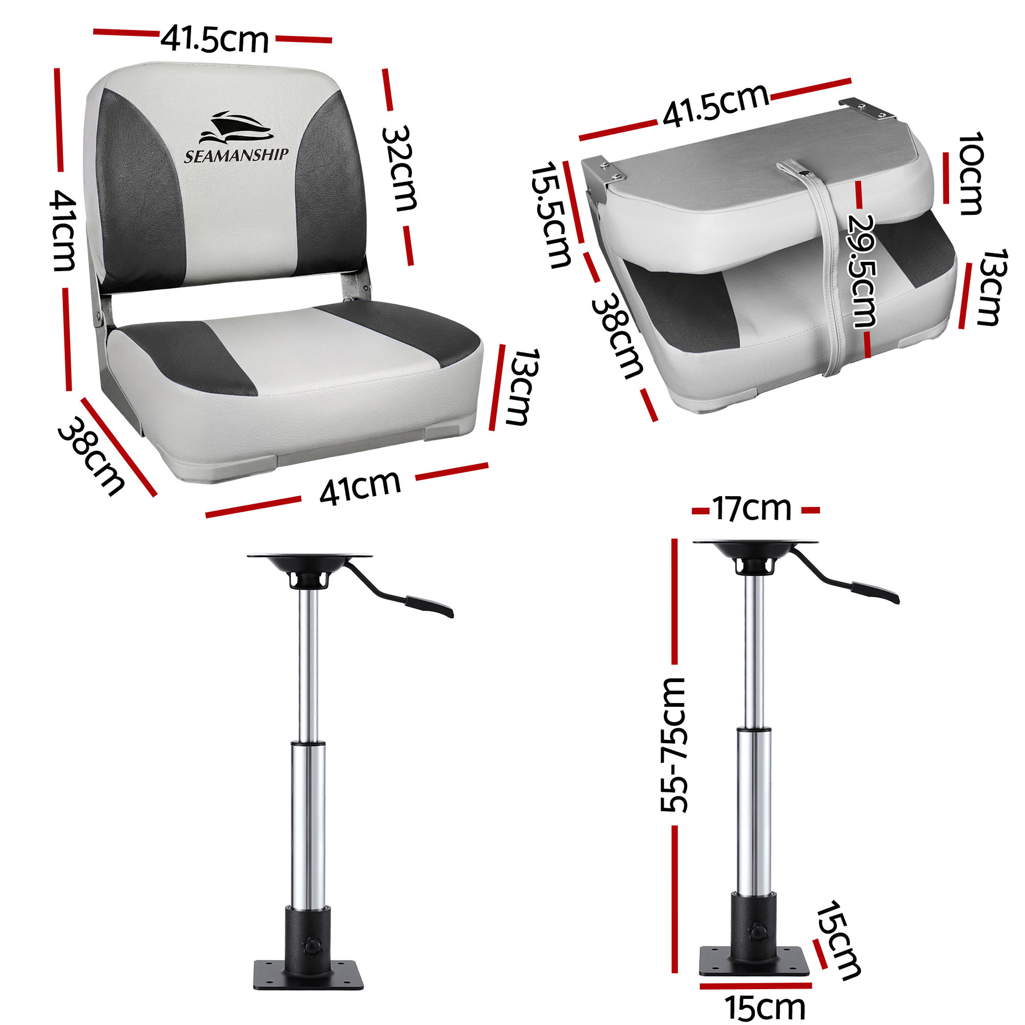 Seamanship 2X Folding Boat Seats with 2X Adjustable Pedestals 55–75cm Marine Swivel Low Back 13cm Padding Charcoal — image 2
