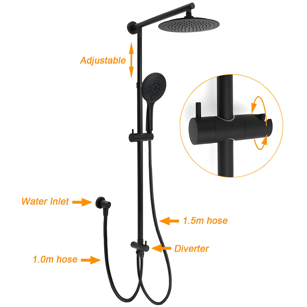 Matt Black 9" Round Rain Shower Head Handheld Adjustable Rail Arm Elbow Twin Set Hot Cold Taps โ image 2