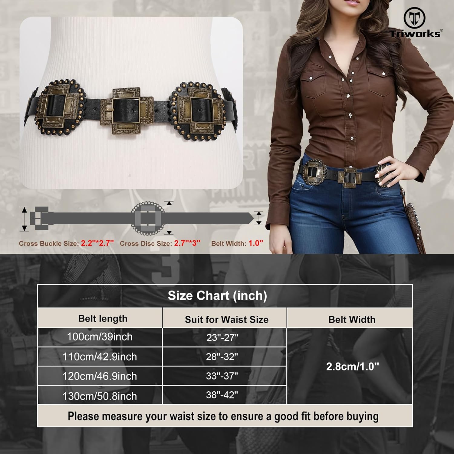 Women Western Concho Leather Belt Cowgirl Boho Belt Chunky for Dresses Concert Festival โ image 6