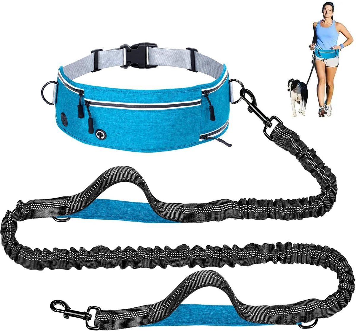 Dog Running Leash, Adjustable waist belt with pockets, reflective elastic cord and double handles, walking and trail running, blue