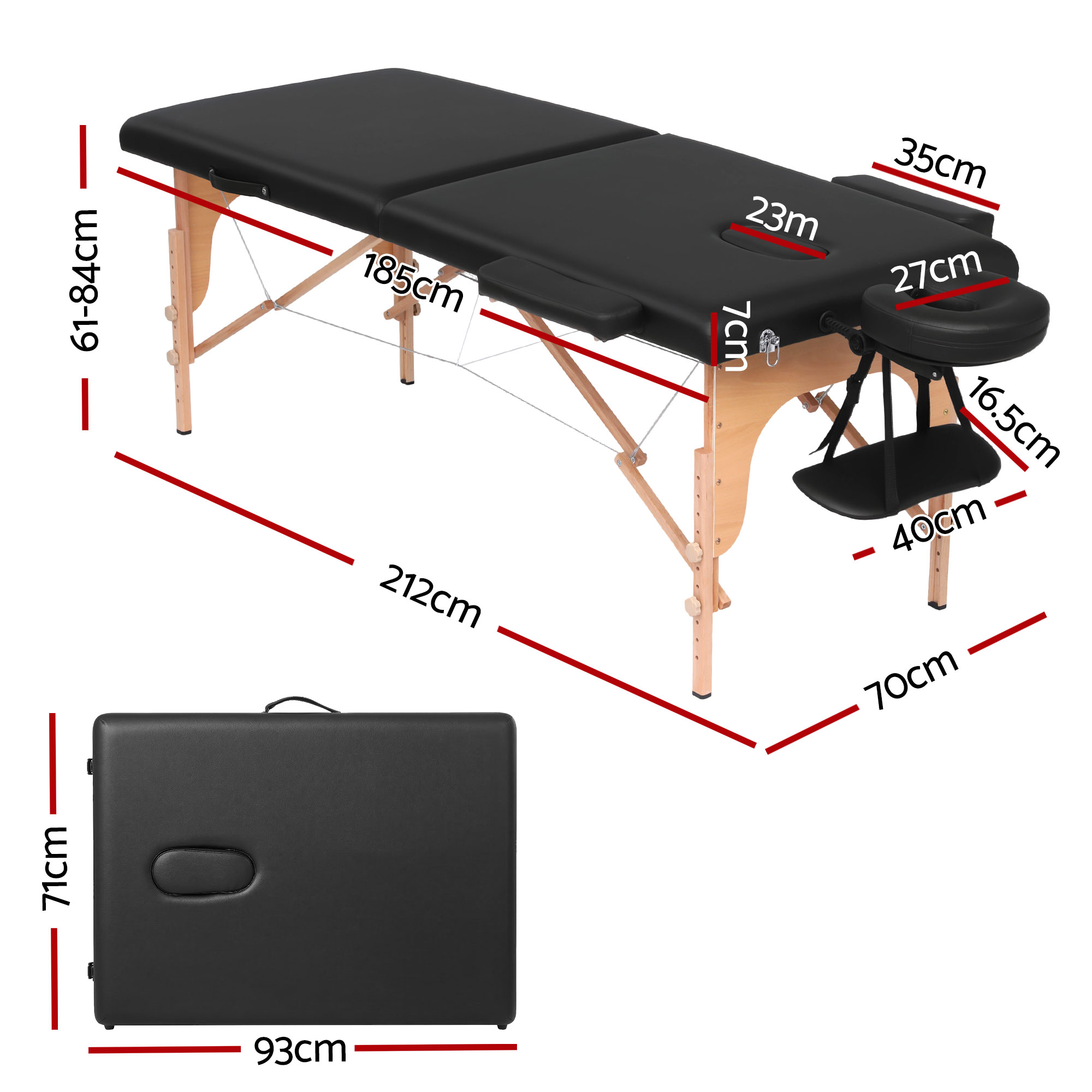 Zenses Massage Table 70cm Portable 2 Fold Wooden Beauty Waxing Therapy Bed Black — image 3