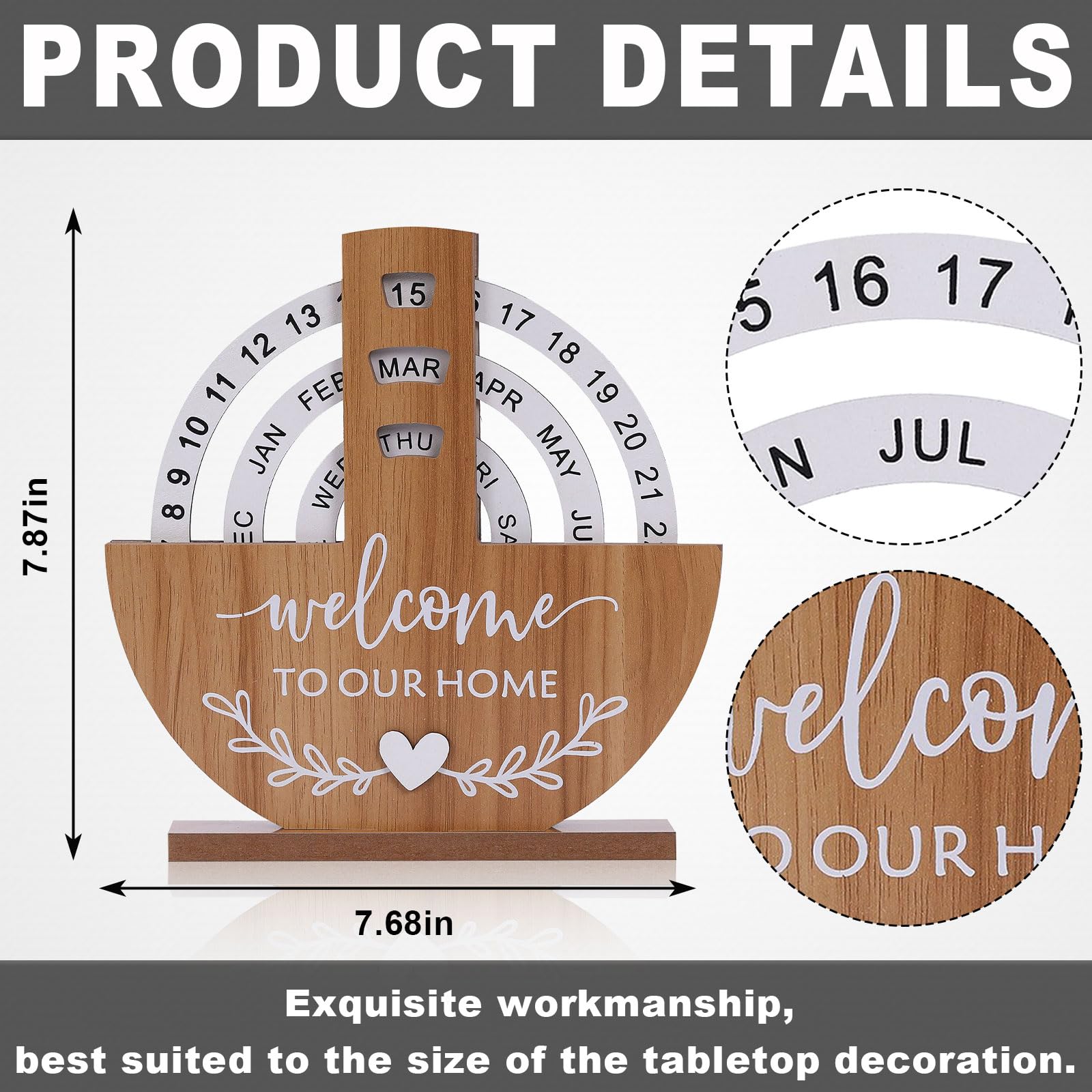 Wooden Perpetual Calendar with "Welcome to Our Home" Design – Rotating Desk Decor for Office & Living Space (Natural Wood) — image 2