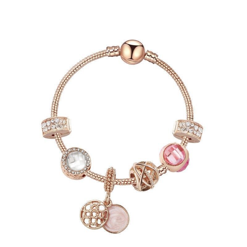 Glamorous Gold Bracelet with Rhinestones, Colorful Cubic Zirconia, Hollow Beads & Double-Disc Pendant(17cm)
