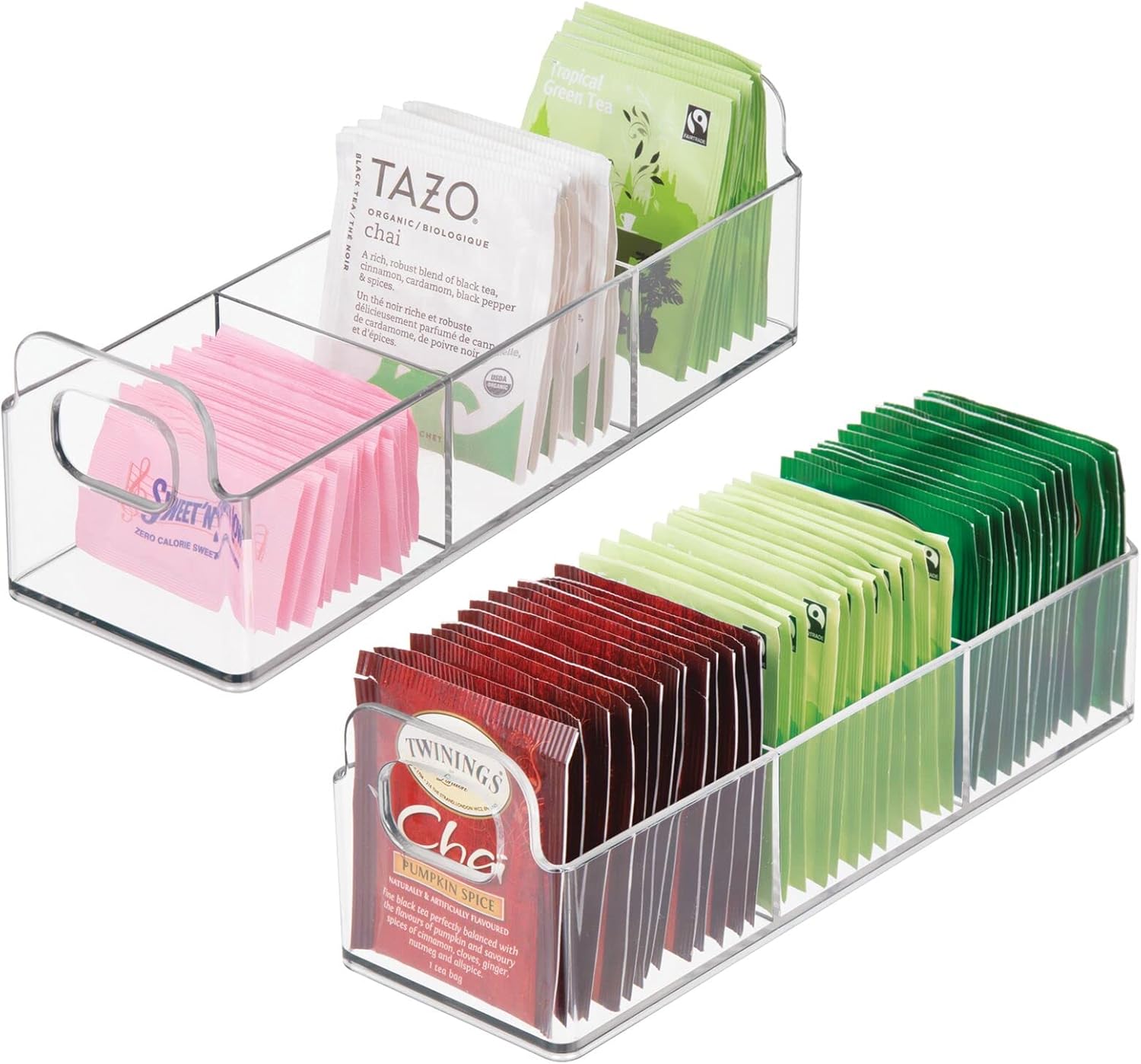 Plastic Condiment Organizer and Tea Bag Holder - 9" Long Kitchen Pantry/Countertop Storage Caddy - Divided Chip, Snack, Granola, Oatmeal Packet Holder