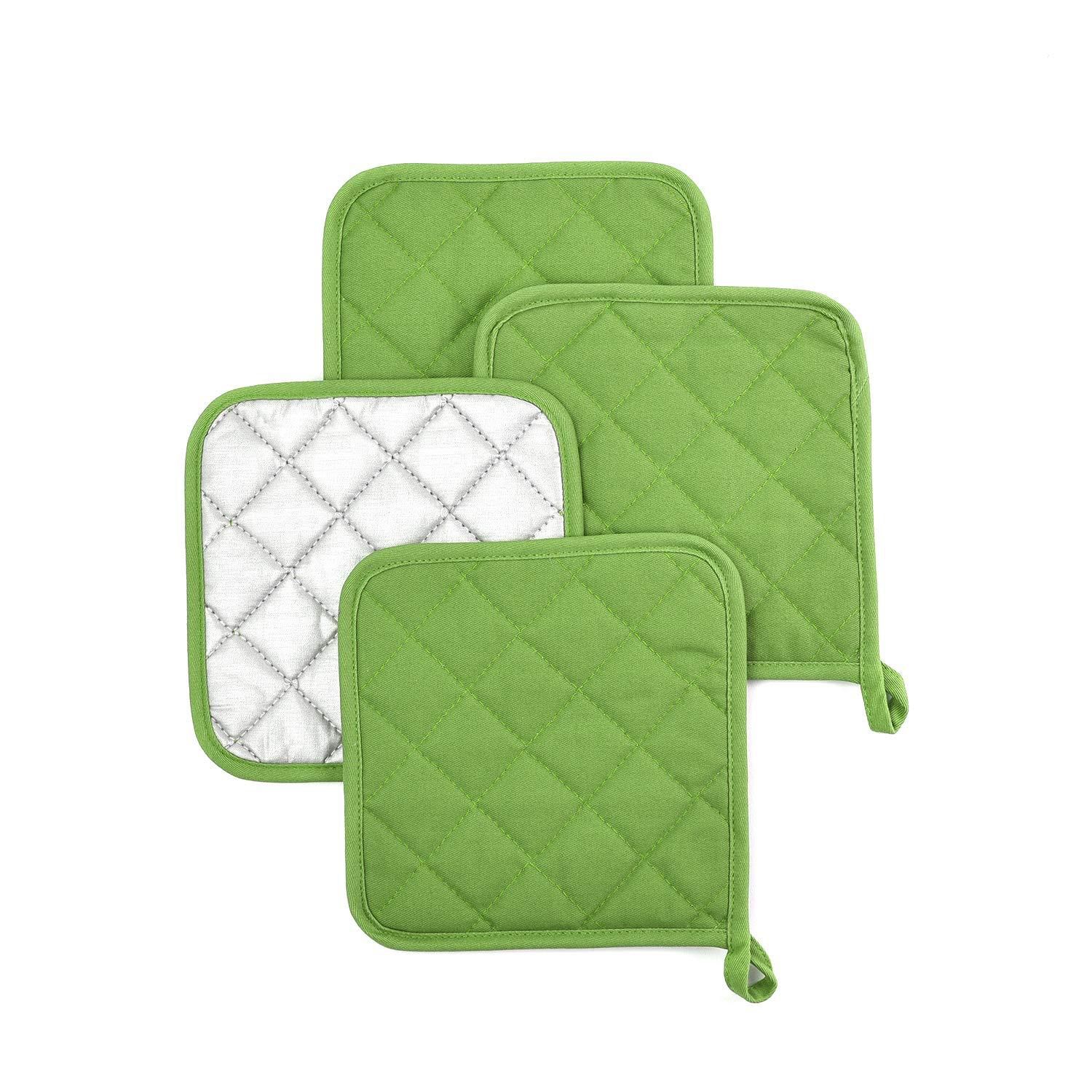 4 Pack Heat Resistant Pot Holders - Green Cotton Silver Coated Quilted Kitchen Heat Pads Non Slip Oven Mats 18x18cm Baking Cooking Microwave Use Durable โ image 3