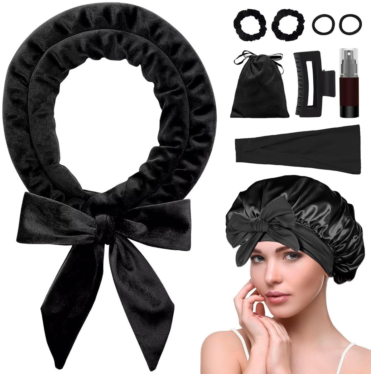 Heat-free hair curlers - Curling rollers - curling set - Blow-dry effect without heat overnight - Soft cap and sleepy bow design - Comfortable curls while you