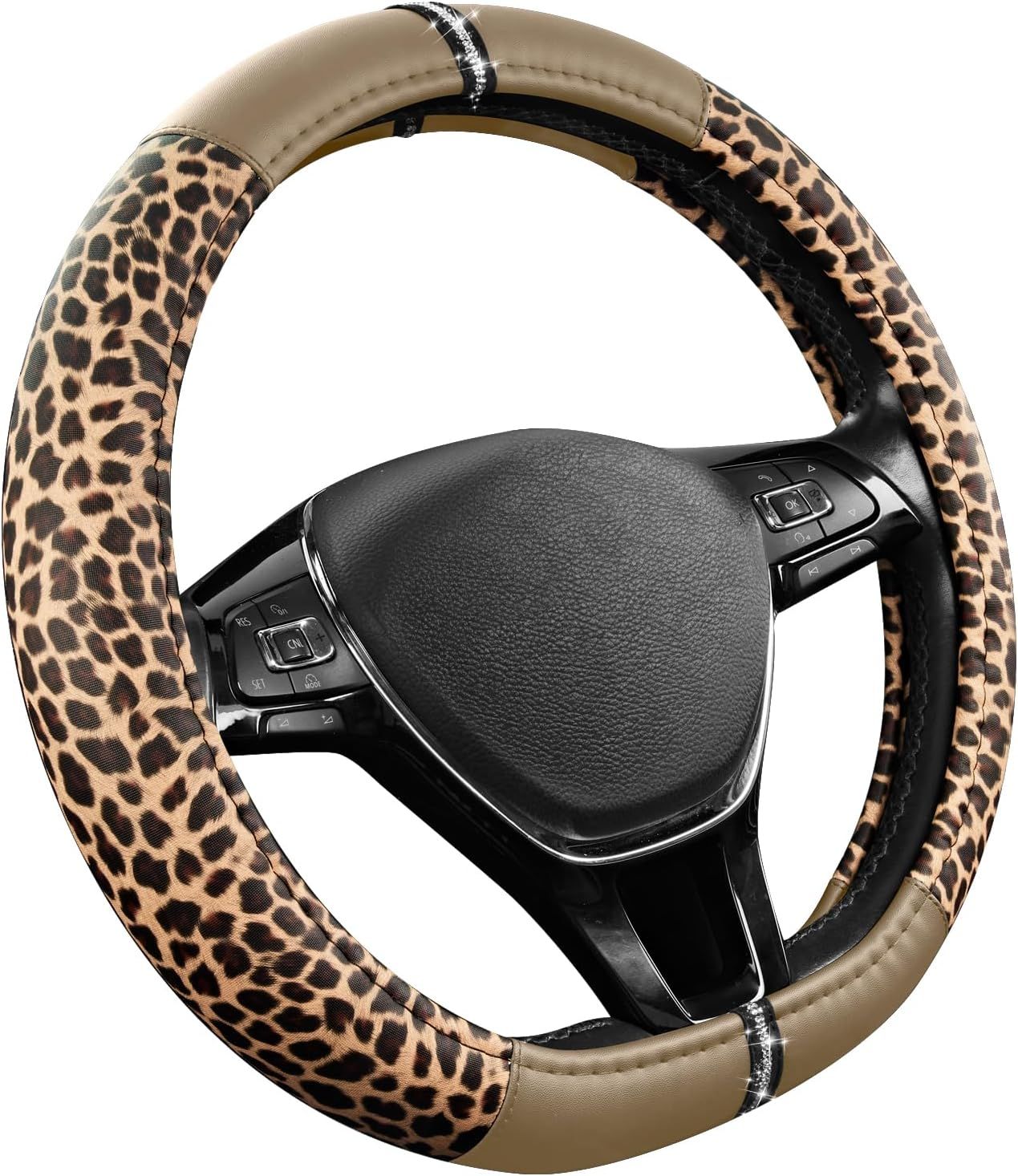 Leopard Steering Wheel Cover for Women, Cute Anti-Slip Microfiber Leather, Fits D Shape Flat Bottom Steering Wheel 14.5-15 Inch - Beige โ image 2