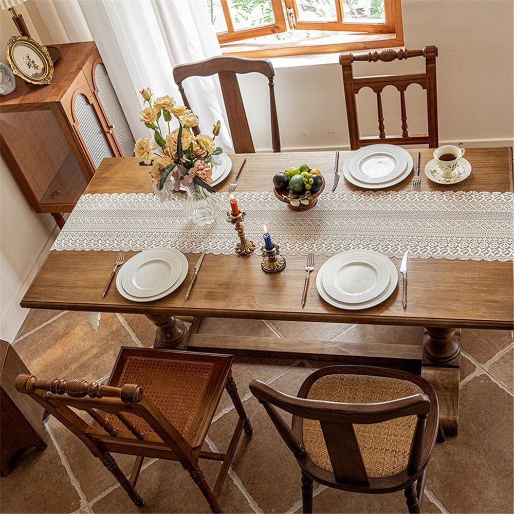 Beige polyester Crochet Rectangular Table Runner Handmade Table Decoration, Coffee Table Dresser Decor(Only tablecloth) 13x 70inch — image 4