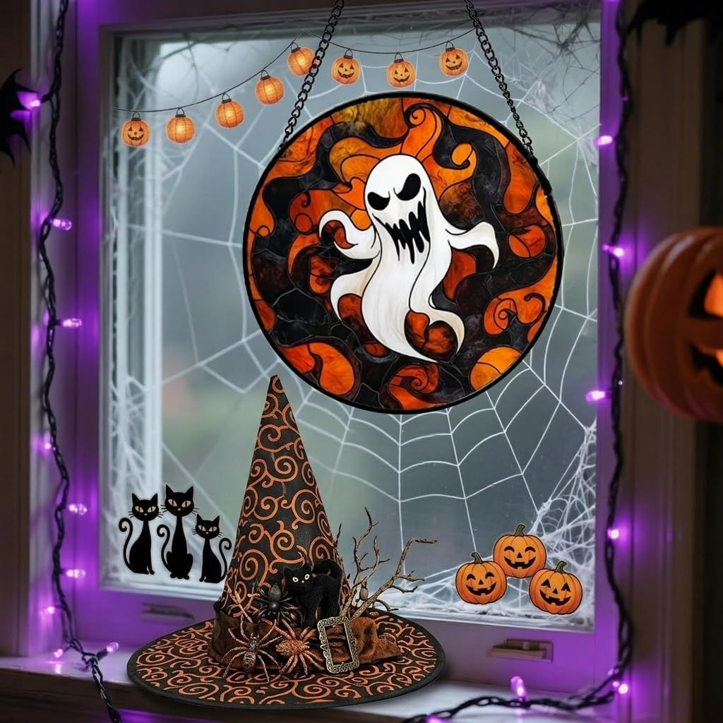 Stained Glass Window Hanging-Halloween Decorations Pumpkin Suncatcher, Fordoorsgar Denindoor Spooky Funny Sun Catchers Gothic Decor Horror Womenmen β image 5