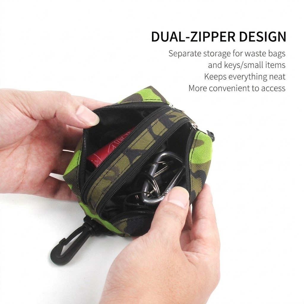 Dual-Zipper Camo Pet Waste Bag Dispenser Carrier with Key Pocket – Lightweight Oxford Fabric Poop Bag Holder for Leash, Strap, or Belt, Perfect for Walks — image 6