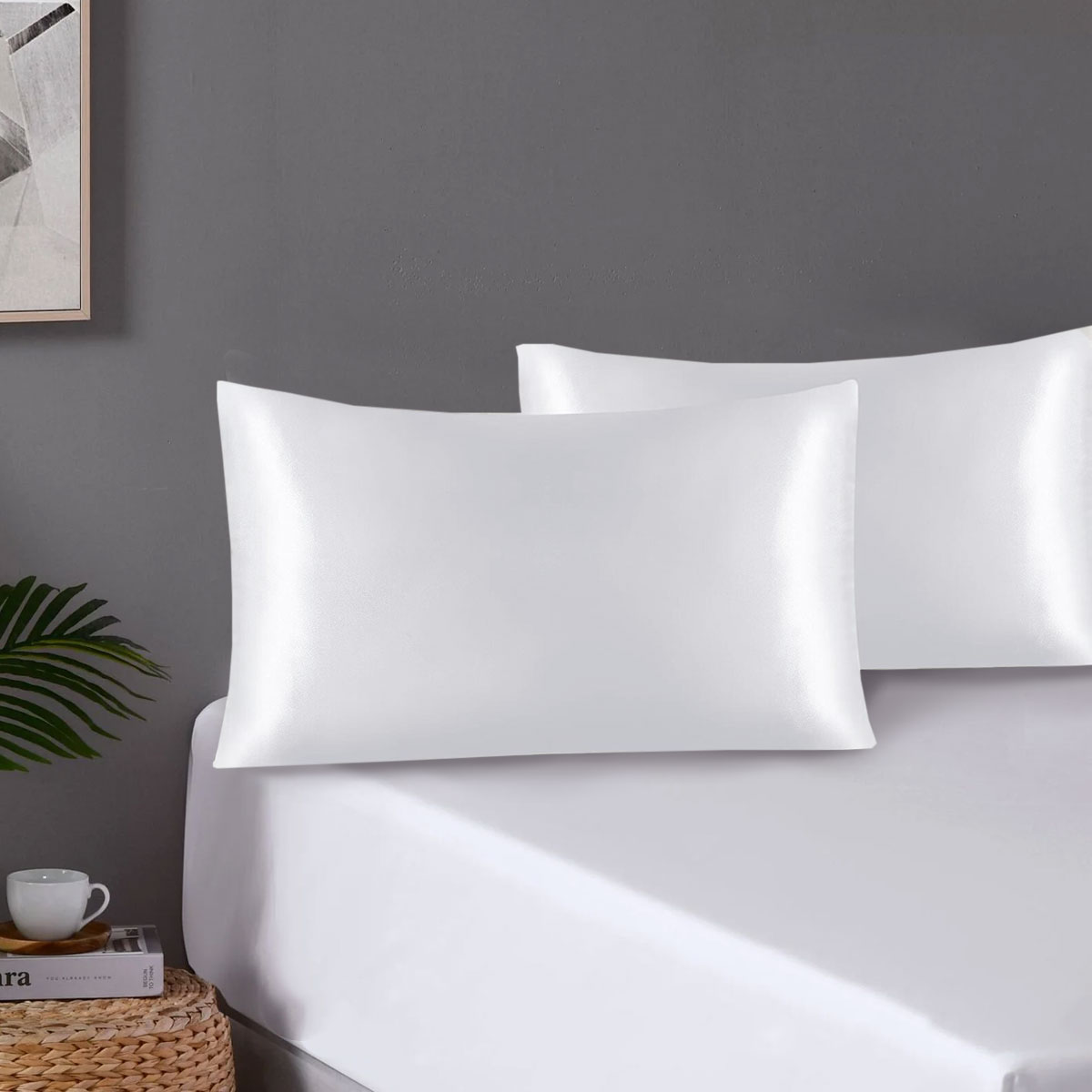 Pair of Standard Satin Silk Pillowcases with Envelope Closure 51 × 76 cm White