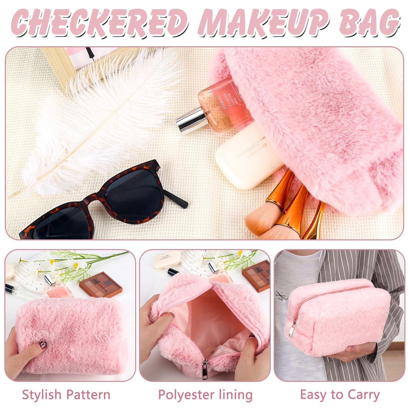 Makeup Bag for Women Medium Travel Cosmetic Bag Cute Plush Pink Makeup Pouch for Purse Zipper Toiletry Bag Organizer Cute — image 3