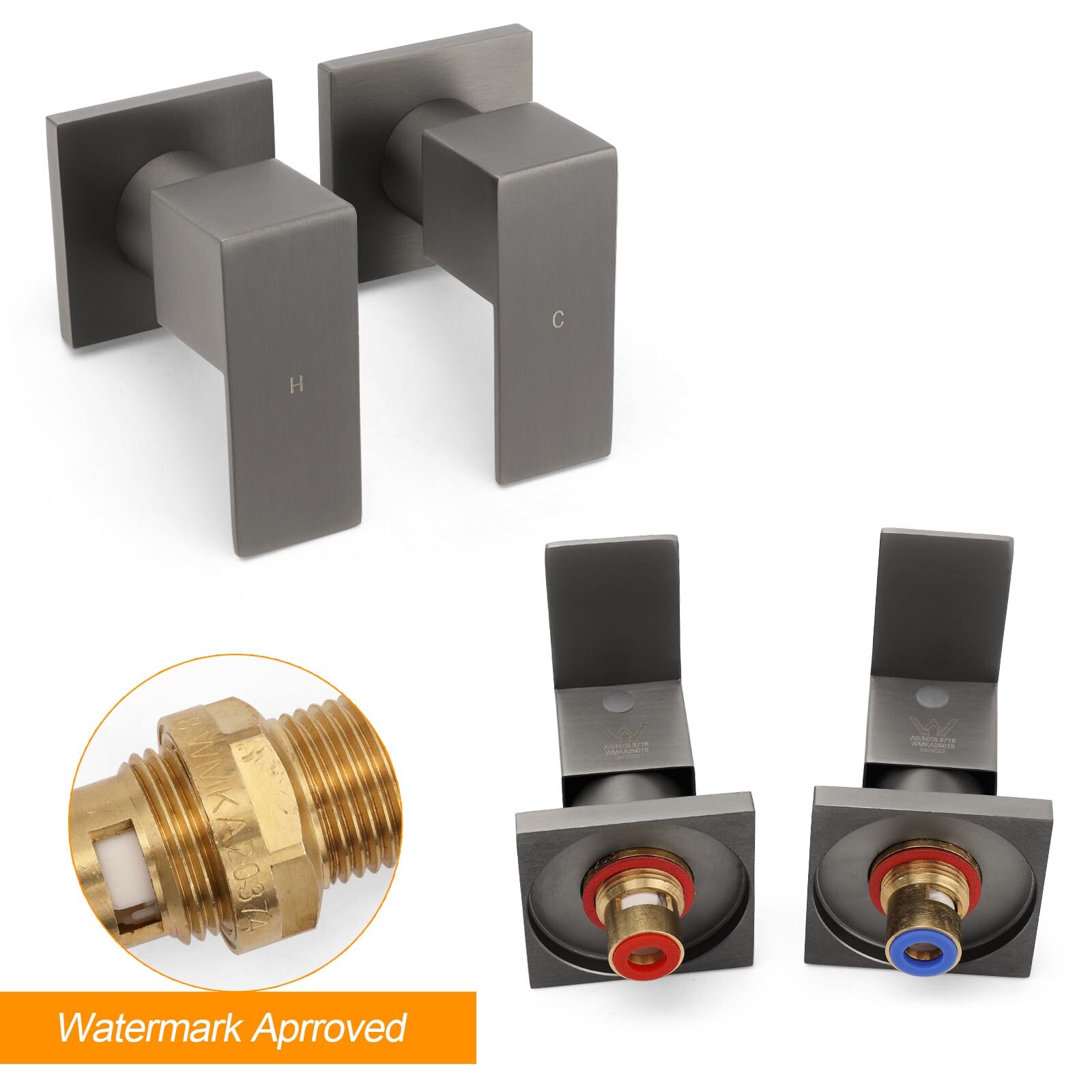 Gun Metal Grey Square 1/4 Quarter Turn Wall Twin Taps For Shower Basin Spout Set โ image 3