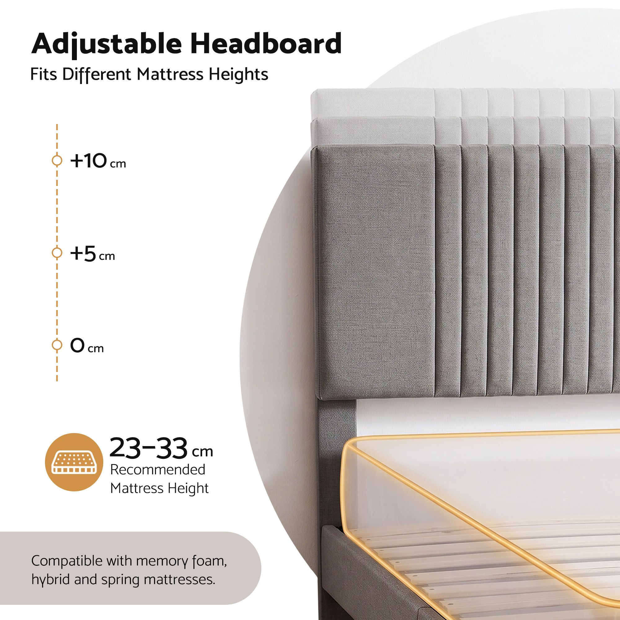 Artiss King Bed Frame with Adjustable Headboard, Grey, 300kg Capacity — image 5