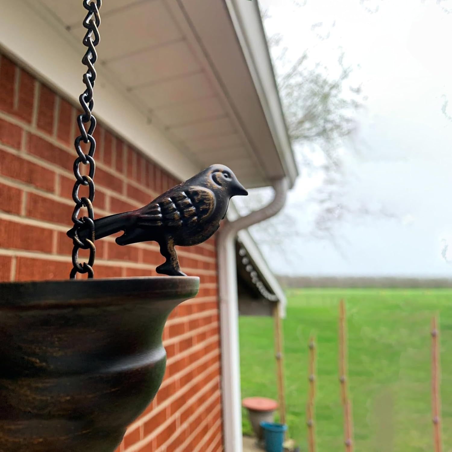 Vintage Metal Bird Shaped Rain Chain Catcher - 94 Inches Decorative Hanging Gutter Chains with 8 Iron Birds and Cups - Drain Garden Mobile Birds Steering Wheel โ image 4