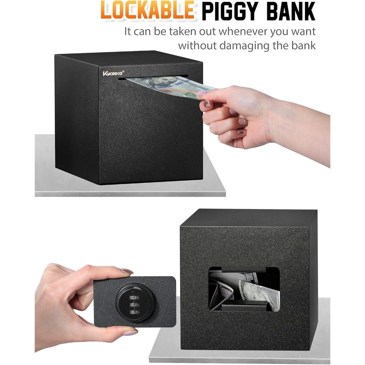 Bank for Adults, Stainless Steel Password Reusable Safe Bank, Metal Money Saving Box with Combination Lock for Cash Saving (Black, 5.9 inch) โ image 2