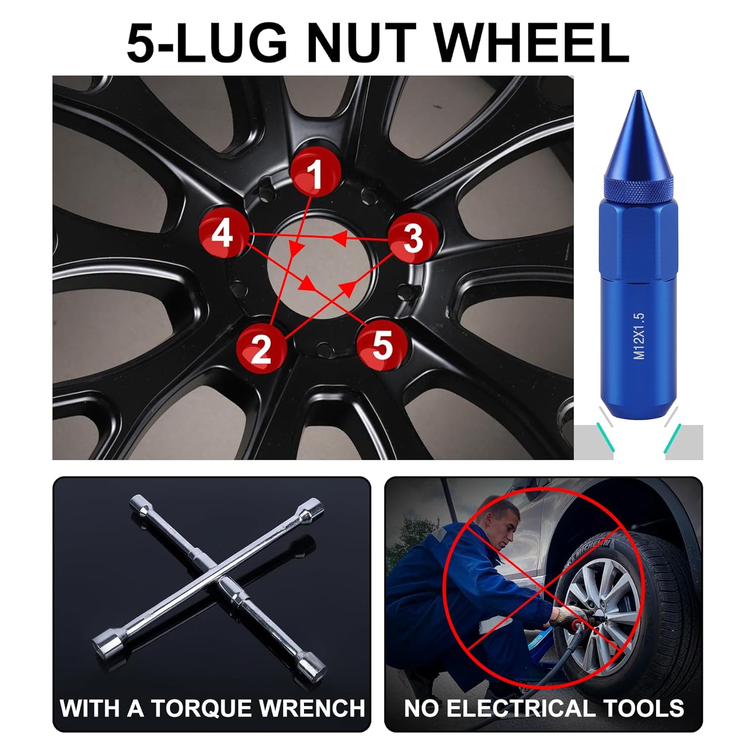 20PCS M14X1.5 Wheel Lug Nuts, Cap Spiked Extended Tuner 60mm Aluminum Wheels Rims Nuts (Blue) blue M14x1.5 — image 5