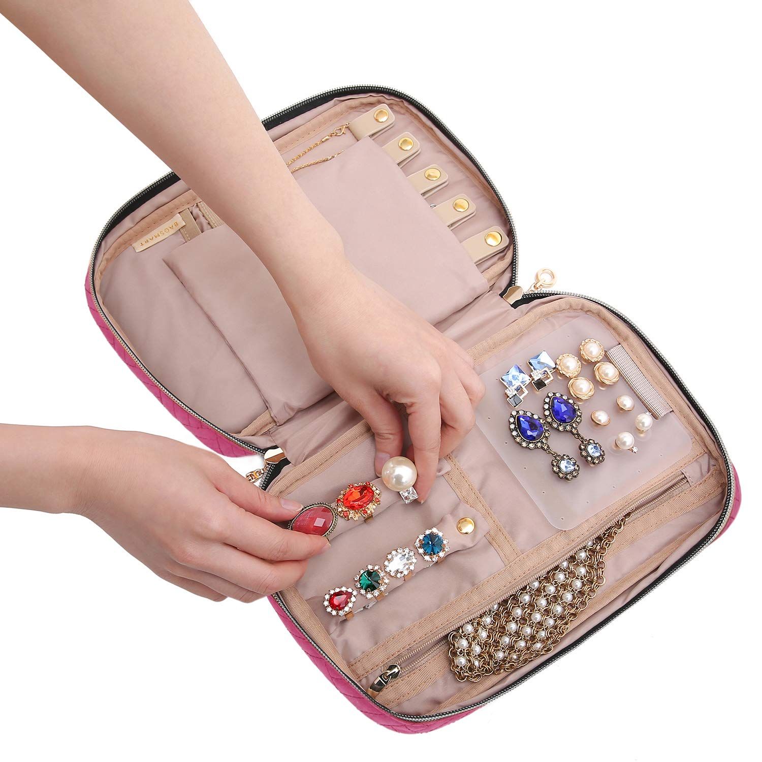 Jewelry Organizer Bag Travel Jewelry Storage Cases for Necklace, Earrings, Rings, Bracelet, Rose Pink — image 2