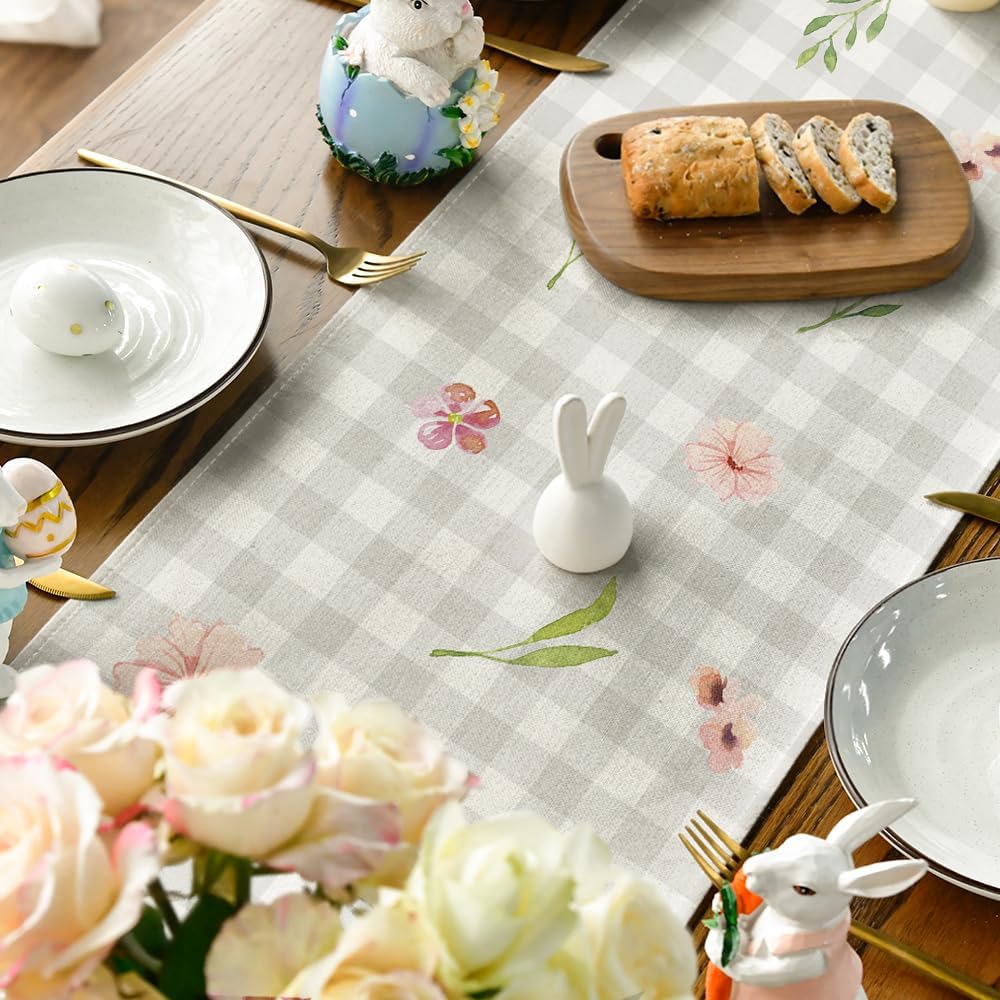Buffalo Plaid Bunny Rabbit Ears Flower Easter Table Runner, Spring Summer Seasonal Holiday Kitchen Dining Table Decoration for Indoor Outdoor Home Party Decor โ image 4