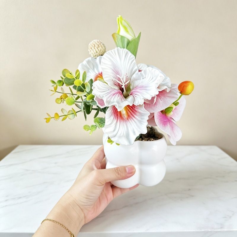 Simulated iris potted plant, floral artistry vibrant and colorful, pumpkin planter round and versatile, no maintenance ready to display upon opening, brightens
