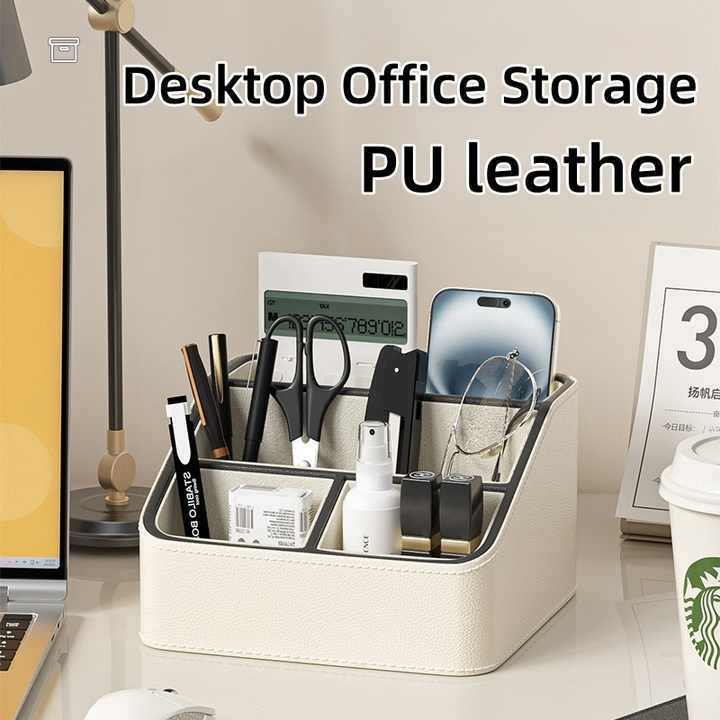White and Black Stylish PU Leather Desktop Organizer Caddy - Multi-Compartment Holder for Remotes, Office Supplies, Makeup โ image 4