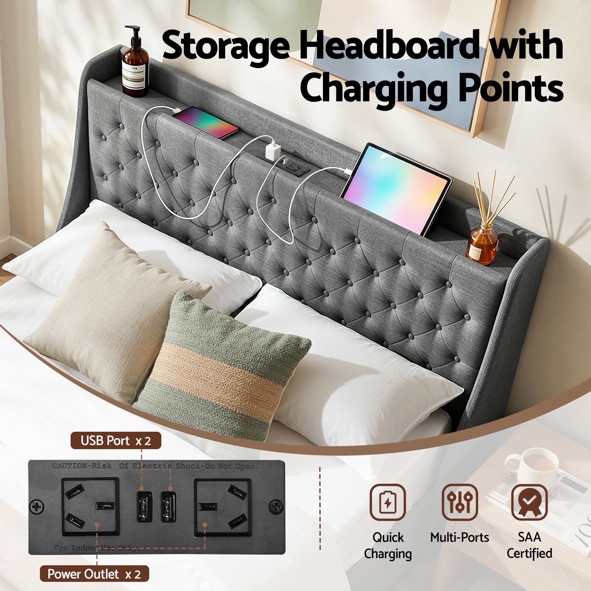 Artiss Queen Bed Frame with 4 Storage Drawers and Charging Station Tufted Wingback Headboard 300kg Loads Charcoal Grey โ image 5