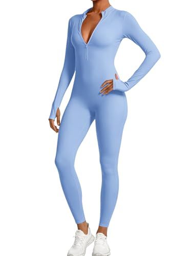 Long-Sleeve Zip-Up Bodysuit for Yoga, Workout, Casual Wear & Everyday Styling, L (Azure)