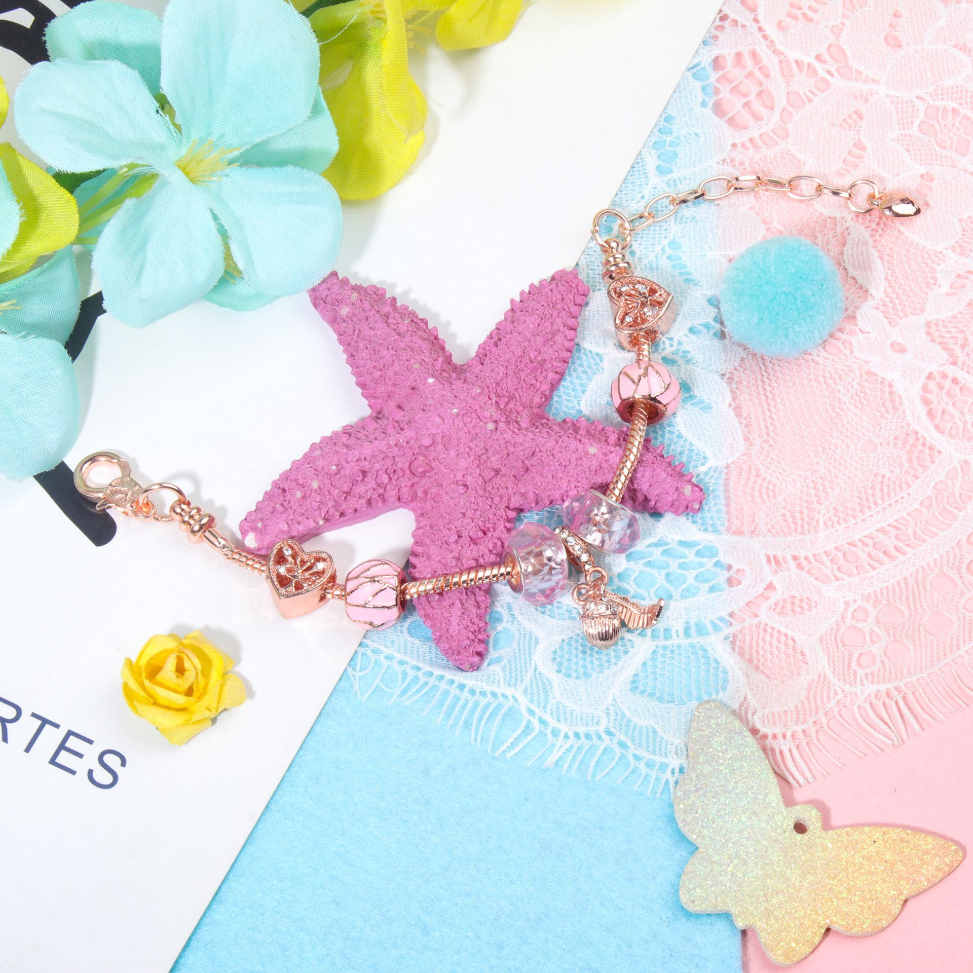 Rose Gold Charm Bracelet with Heart, Crystal, Leaf & Acorn, Colorful Beaded Jewelry for Women(17cm) — image 5