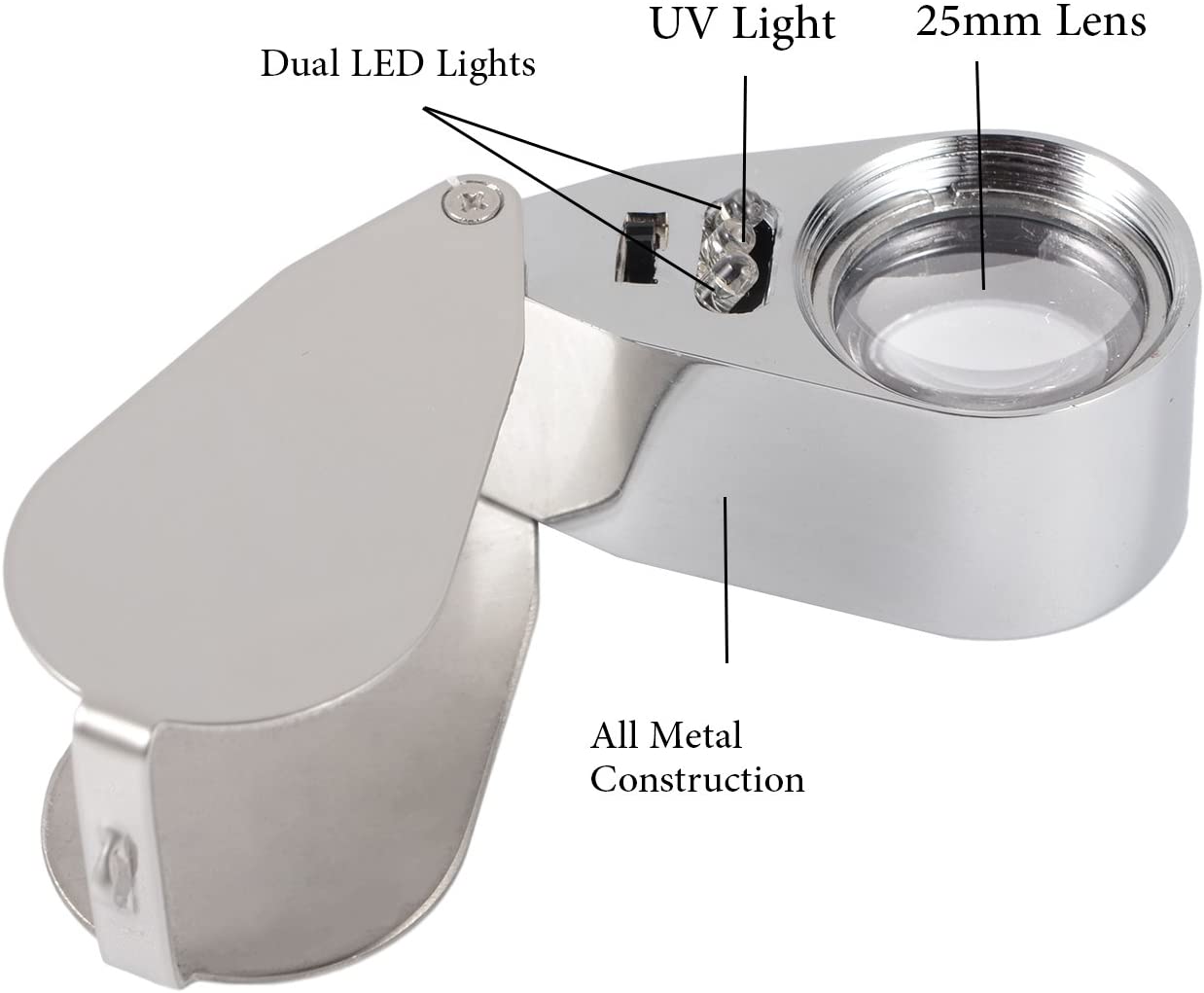 Jewelers Loupe 40X Magnification Metal Foldable Loupe with LED & UV Light — image 3