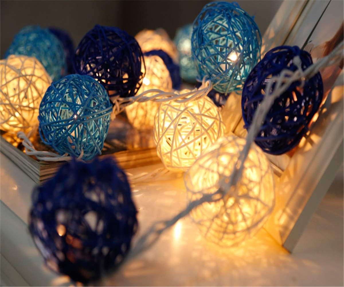1 Set of Blue n White 5cm Rattan Cane 20 Ball Battery Powered 3m String Lights Christmas Gift Home Wedding Party Bedroom Decoration Table Centrepiece — image 4